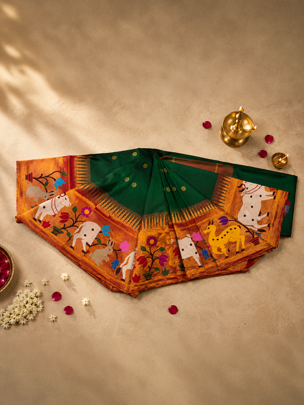 South Brocade Paithani with Cow, Bear, Rabbit and Lotus Border, All-Over Butti and Fancy Pallu