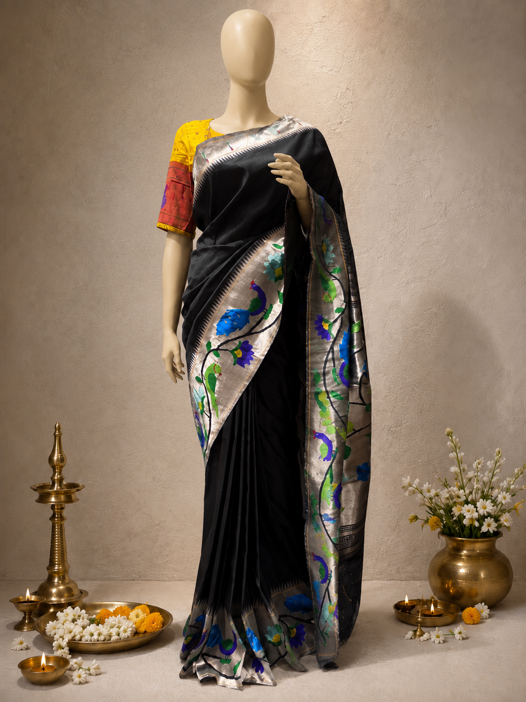Handloom Brocade Paithani Peacock Flower Border Silver saree