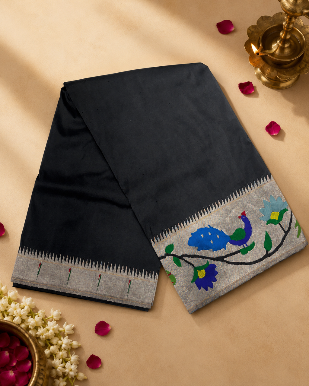 Handloom Brocade Paithani Peacock Flower Border Silver saree