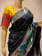 Handloom Brocade Paithani Peacock Flower Border Silver saree