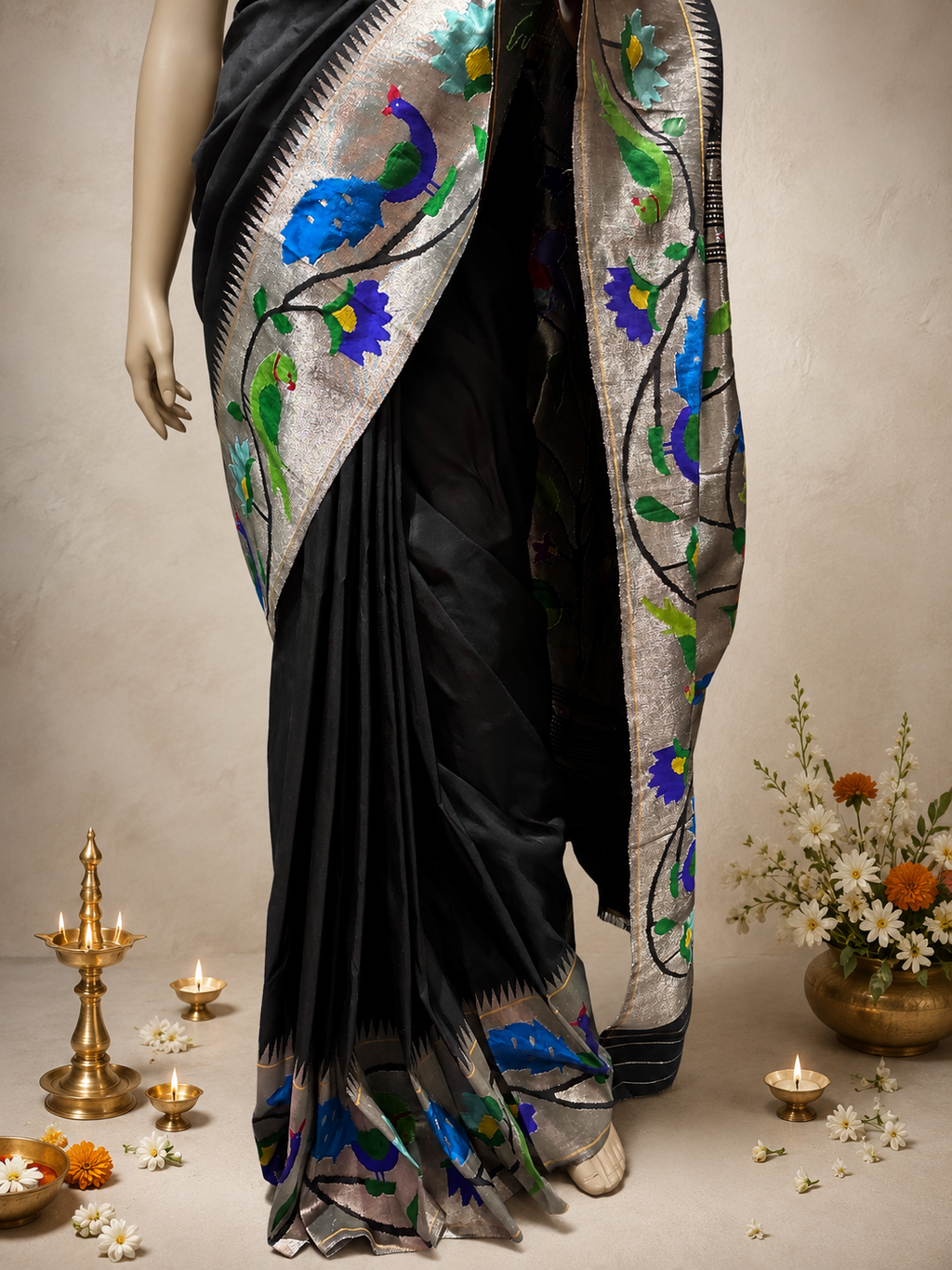 Handloom Brocade Paithani Peacock Flower Border Silver saree