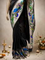 Handloom Brocade Paithani Peacock Flower Border Silver saree