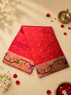 Paithani Brocade Peacock + Parrot Border all over Checks with Butta Designer Pallu