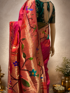 Paithani Brocade Peacock + Parrot Border all over Checks with Butta Designer Pallu