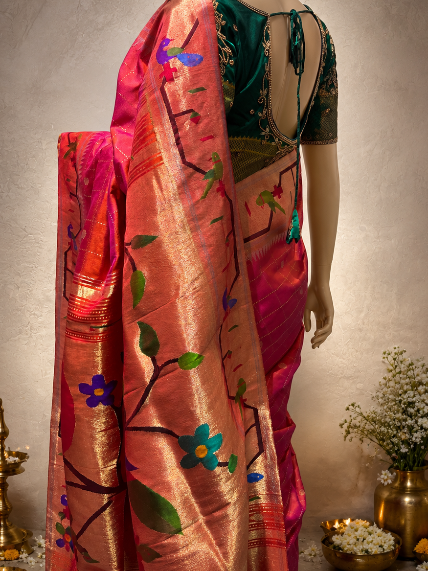 Paithani Brocade Peacock + Parrot Border all over Checks with Butta Designer Pallu