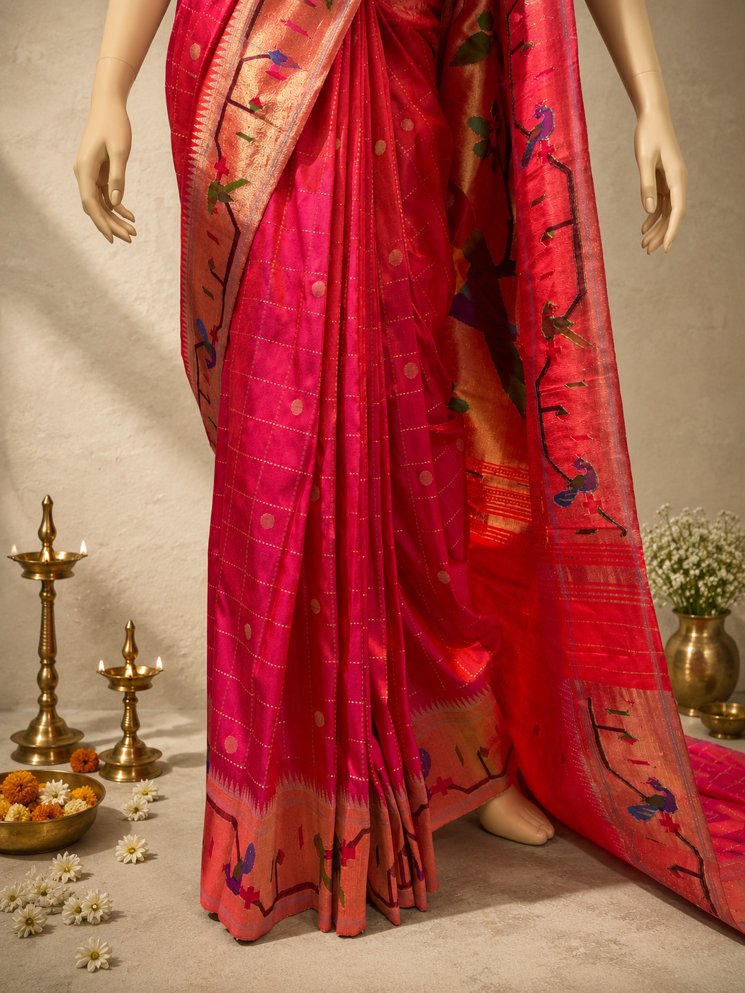 Paithani Brocade Peacock + Parrot Border all over Checks with Butta Designer Pallu