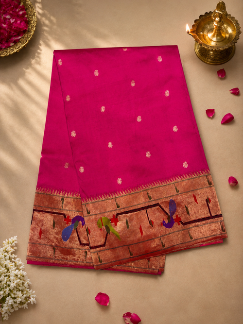Handloom Brocade Paithani Peacock+Parrot Border with Side Muniya Designer Pallu