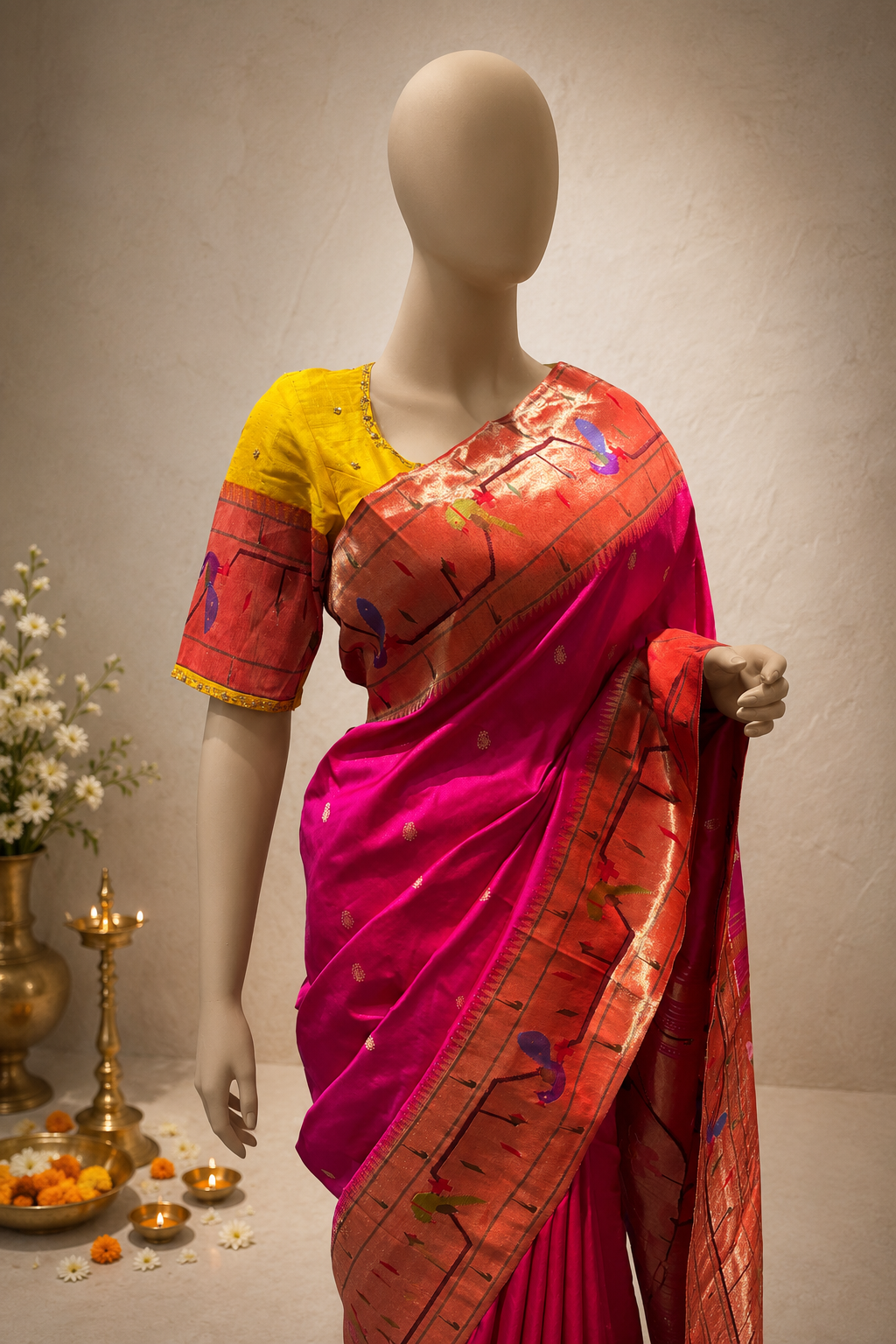 Handloom Brocade Paithani Peacock+Parrot Border with Side Muniya Designer Pallu