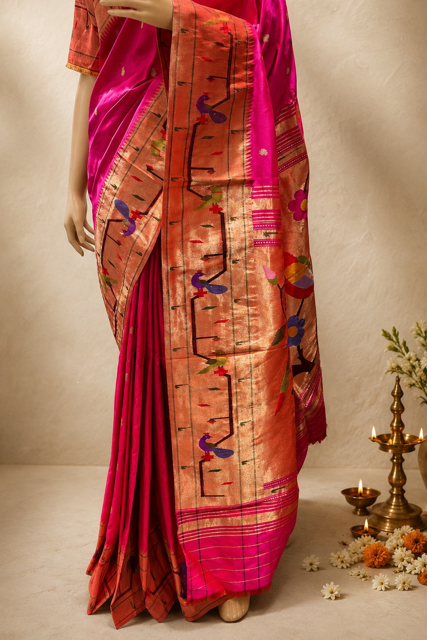 Handloom Brocade Paithani Peacock+Parrot Border with Side Muniya Designer Pallu