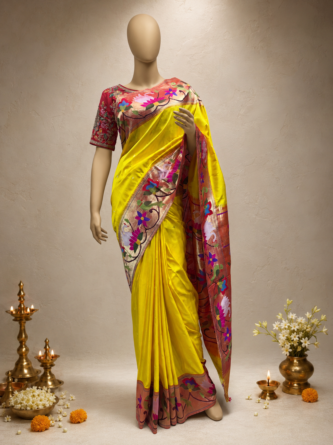 Paithani Brocade with Peacock, Flower, Lotus and Swan Border and Fancy Pallu