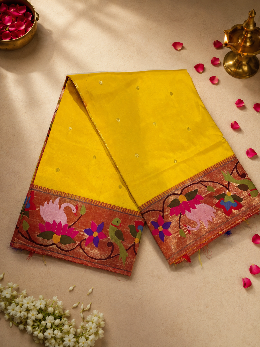 Paithani Brocade with Peacock, Flower, Lotus and Swan Border and Fancy Pallu