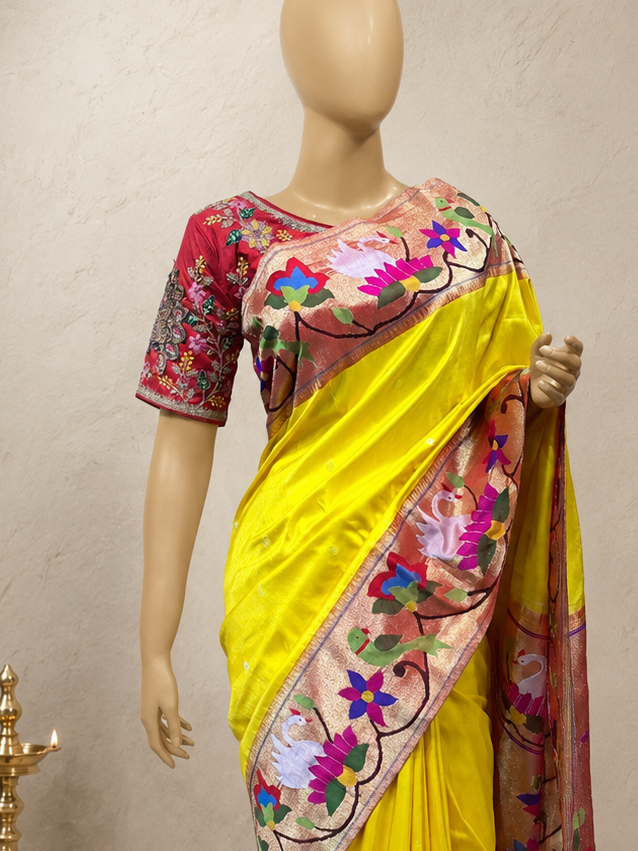 Paithani Brocade with Peacock, Flower, Lotus and Swan Border and Fancy Pallu