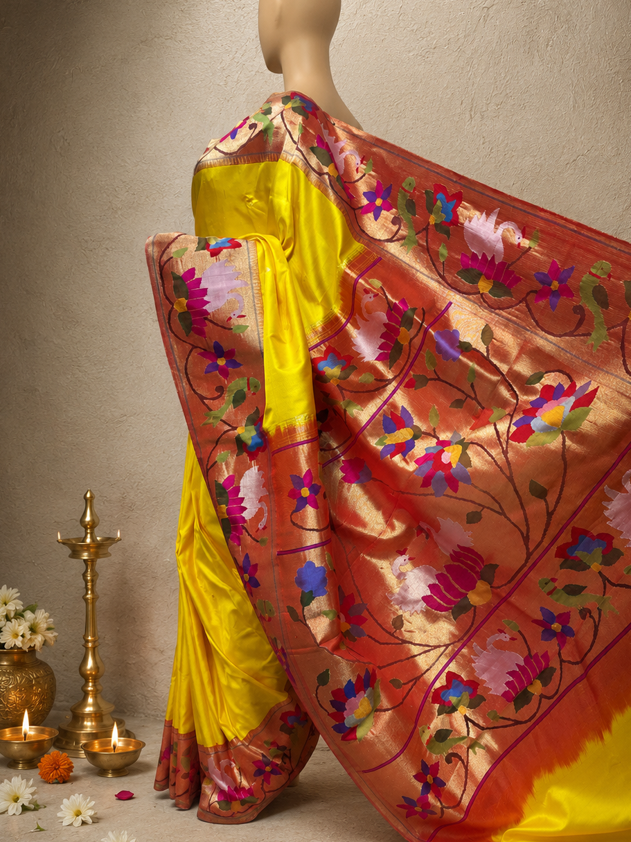 Paithani Brocade with Peacock, Flower, Lotus and Swan Border and Fancy Pallu
