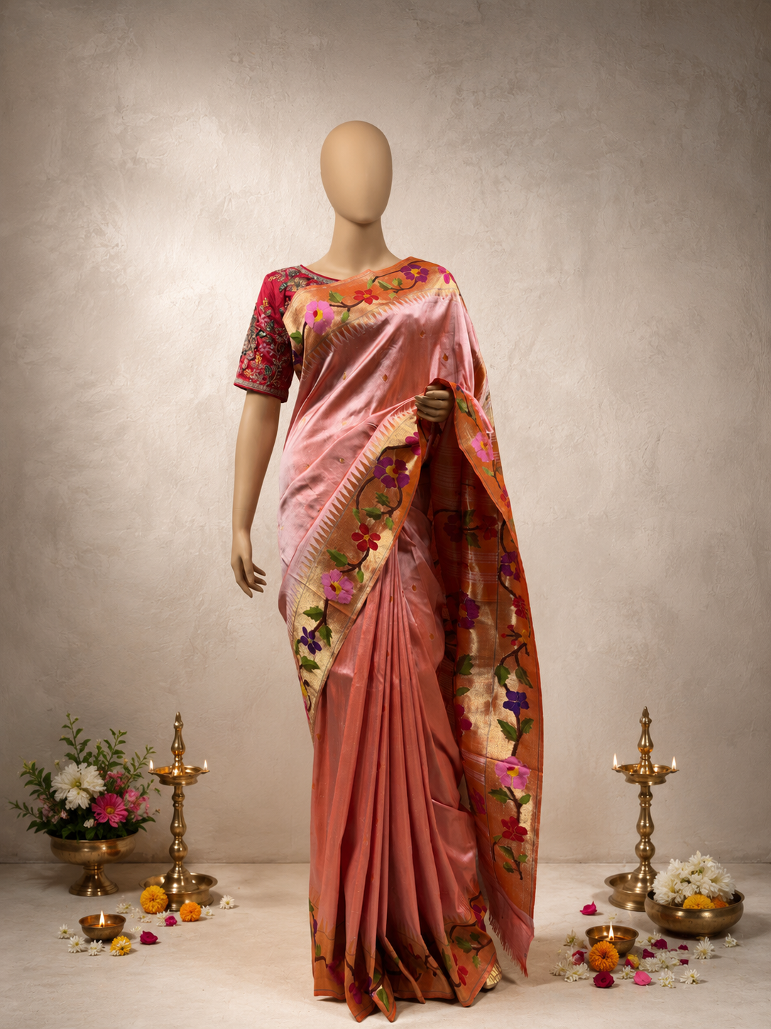 Paithani Brocade with Flower Border and Abstract Brocade Body