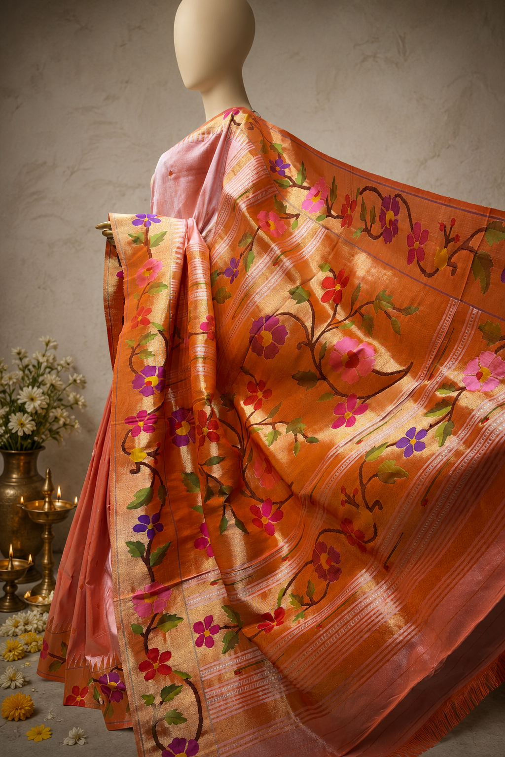 Paithani Brocade with Flower Border and Abstract Brocade Body