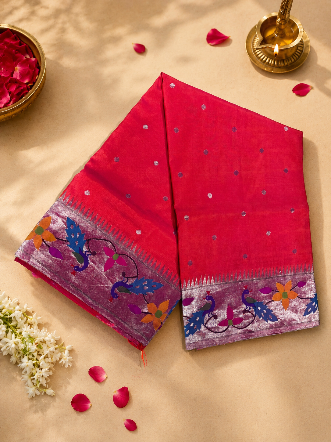 Paithani Brocade with Flower and Peacock Border and Fancy Designer Pallu