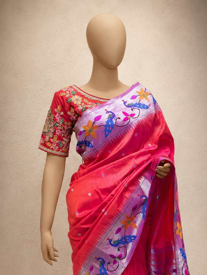 Paithani Brocade with Flower and Peacock Border and Fancy Designer Pallu