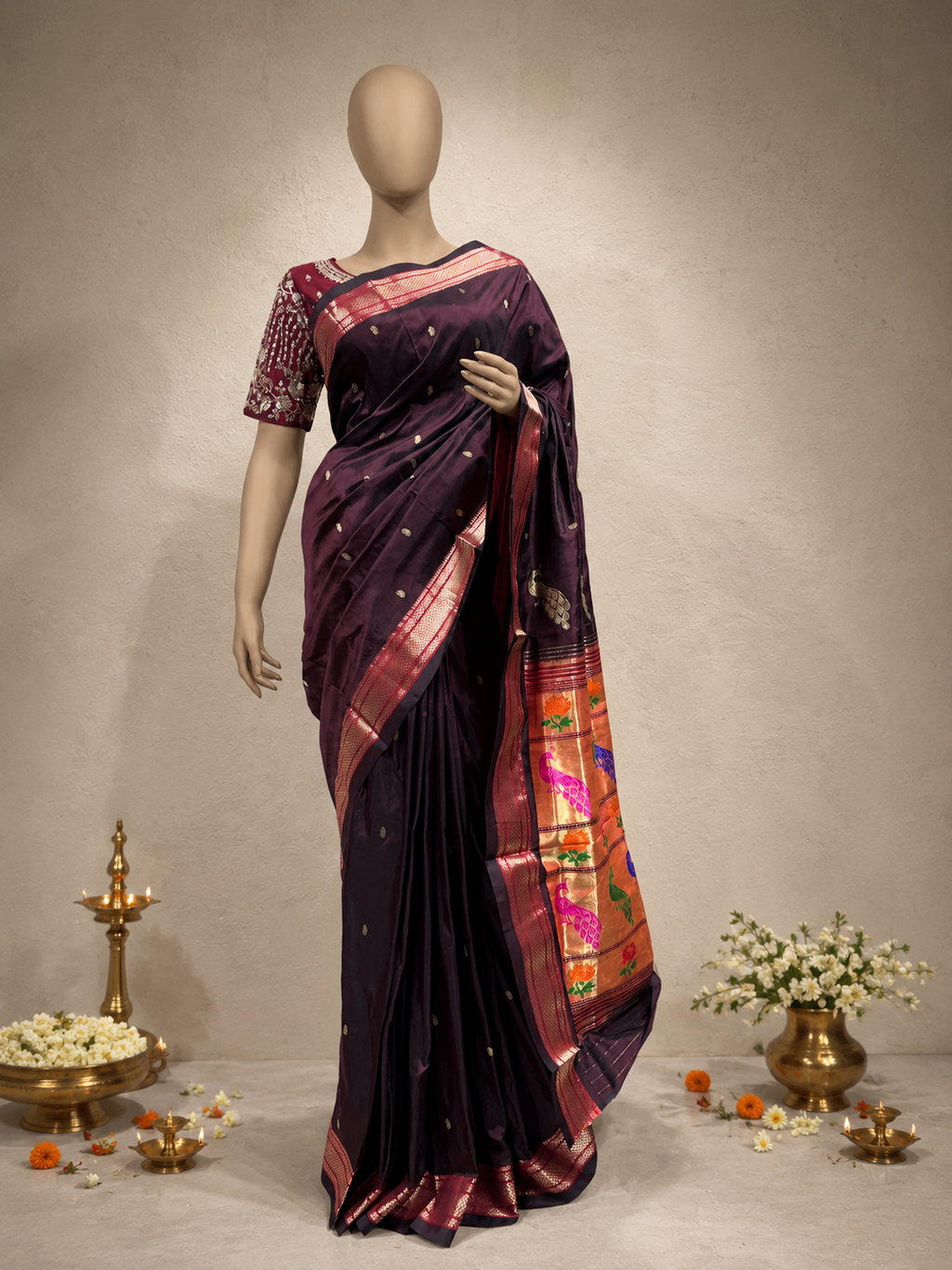 Traditional Border Paithani with Tissue Pallu and Shoulder Peacock