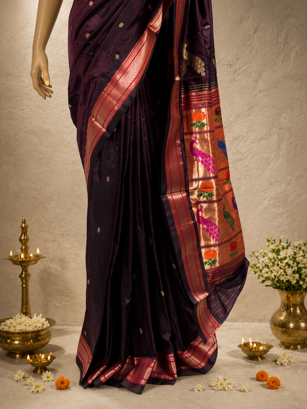 Traditional Border Paithani with Tissue Pallu and Shoulder Peacock