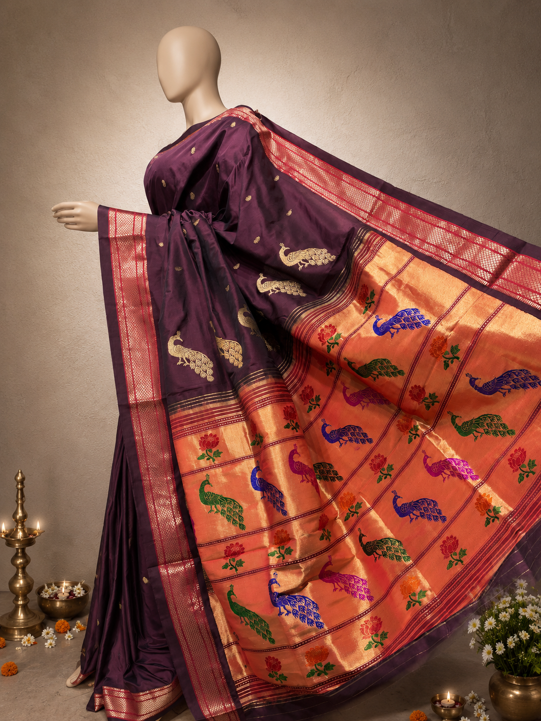 Traditional Border Paithani with Tissue Pallu and Shoulder Peacock
