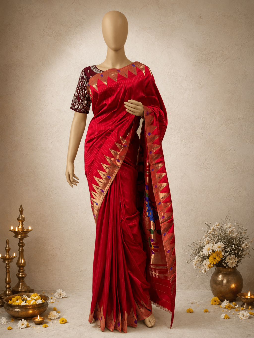 Temple Muniya Paithani with Punjab Barav Design Border, Full-Body Lining and Fancy Pallu