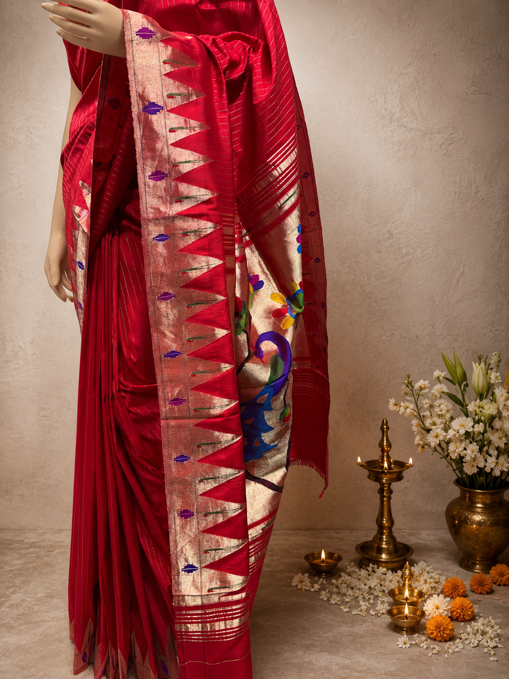 Temple Muniya Paithani with Punjab Barav Design Border, Full-Body Lining and Fancy Pallu