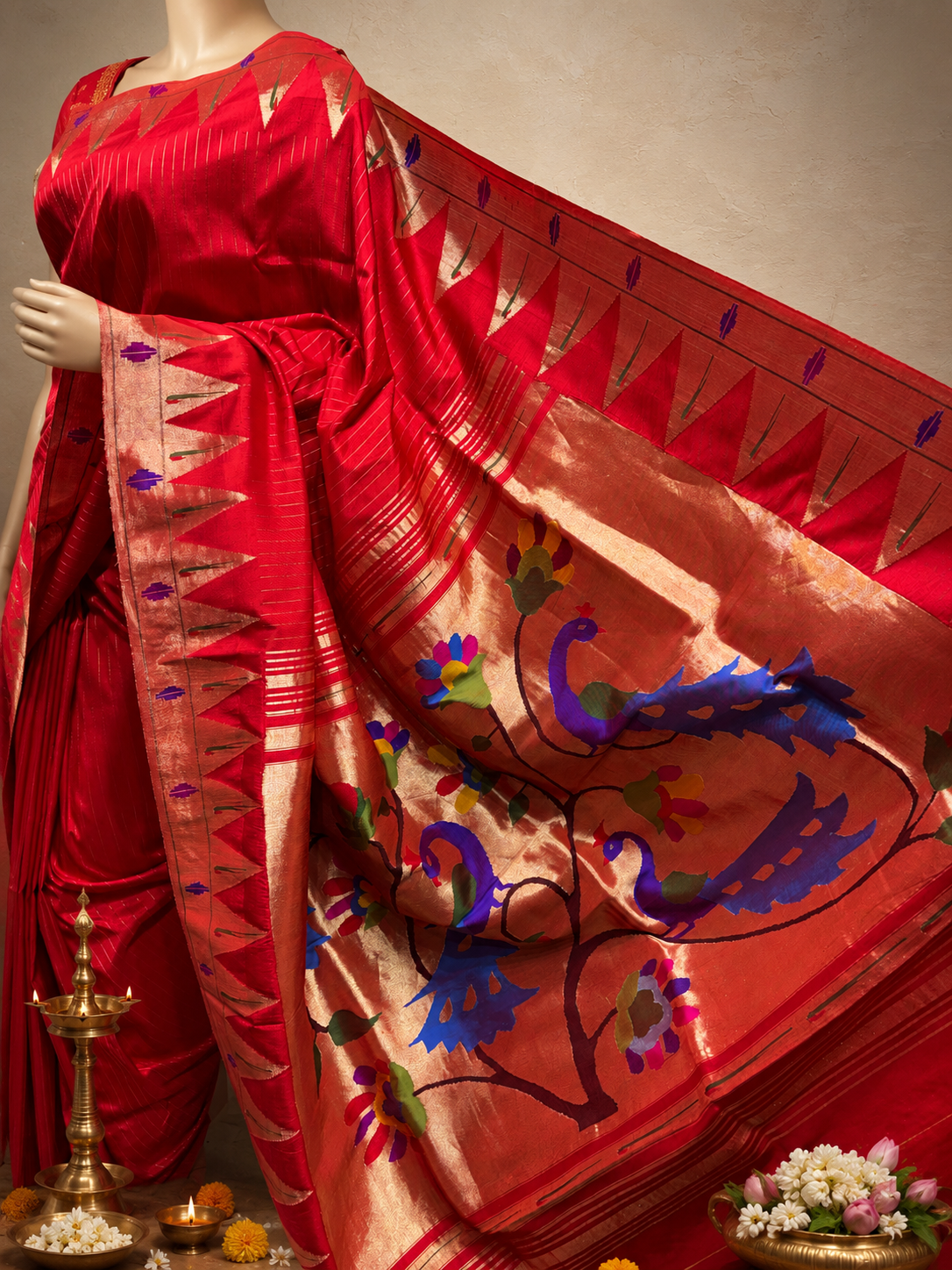 Temple Muniya Paithani with Punjab Barav Design Border, Full-Body Lining and Fancy Pallu