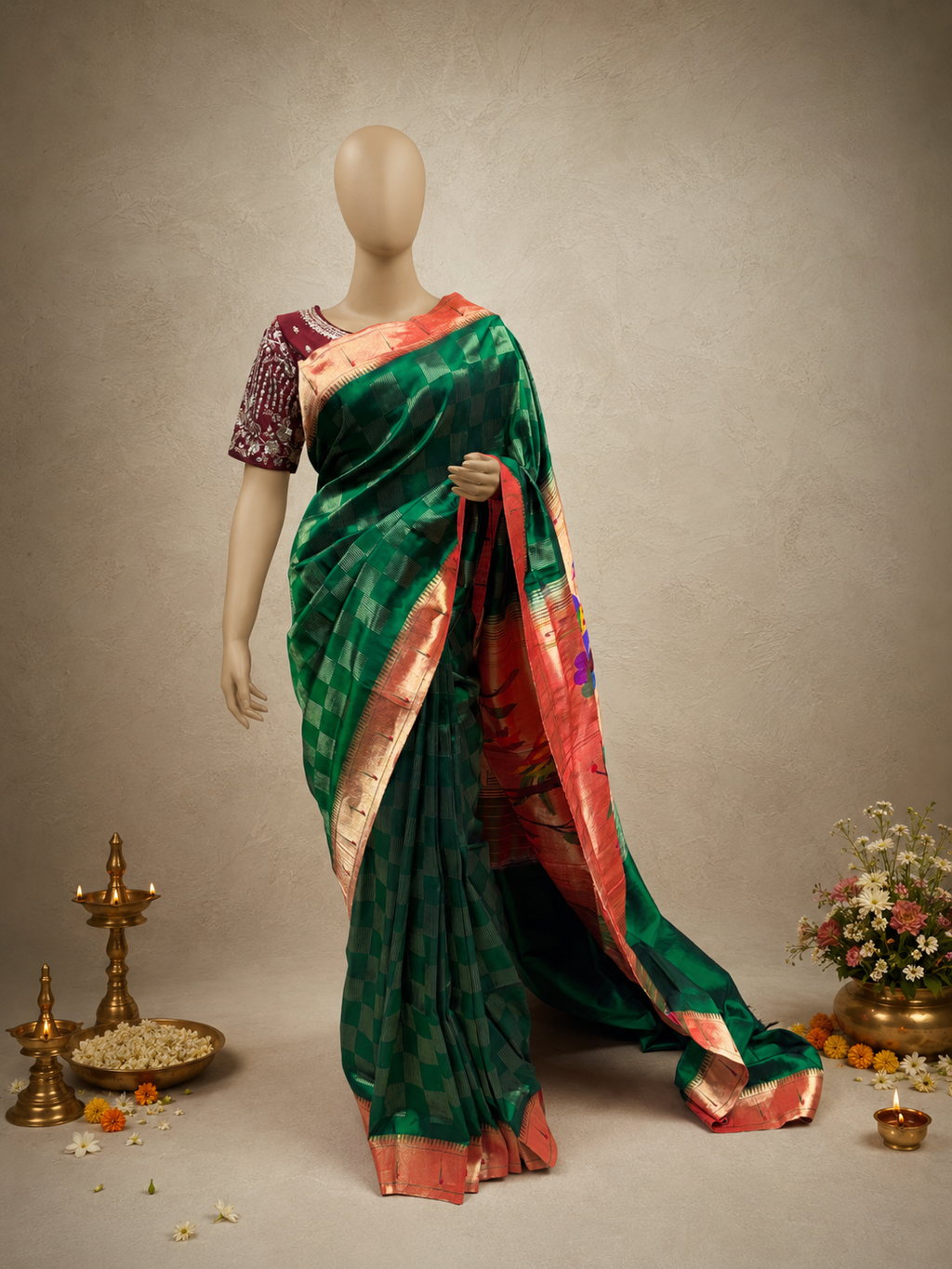 Paithani Muniya Brocade with Full-Body Lining, Checks and Fancy Pallu