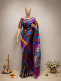 Traditional Border Paithani with Silver Zari Peacock Butta, Multicolour Lining and Fancy Pallu
