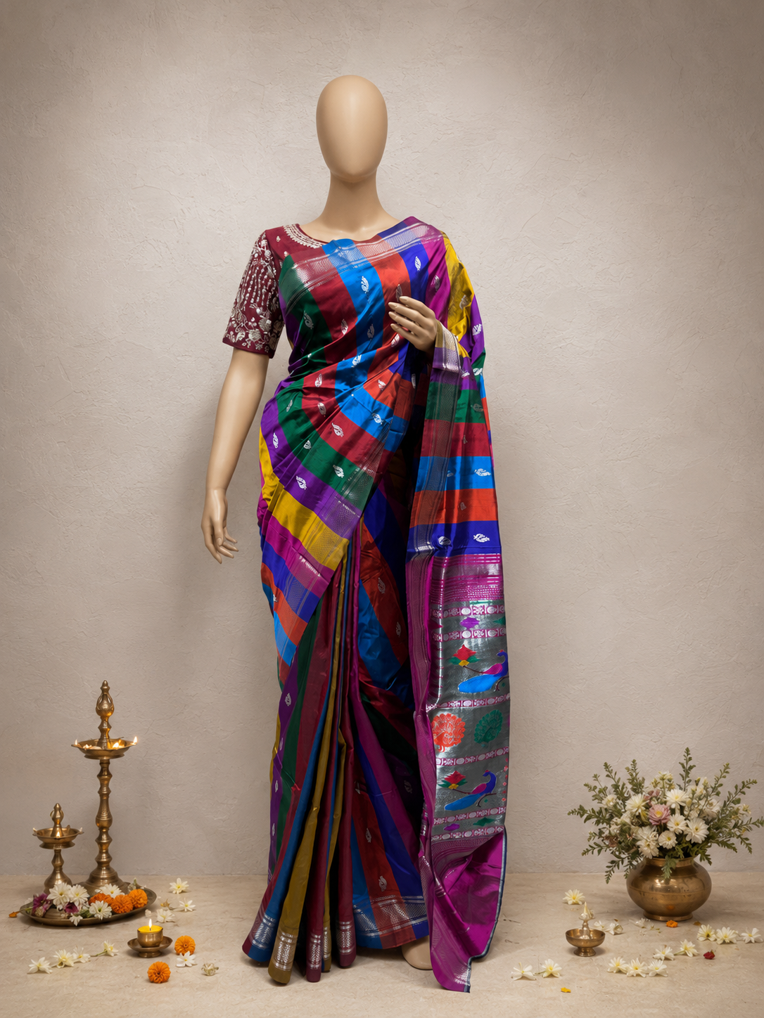 Traditional Border Paithani with Silver Zari Peacock Butta, Multicolour Lining and Fancy Pallu