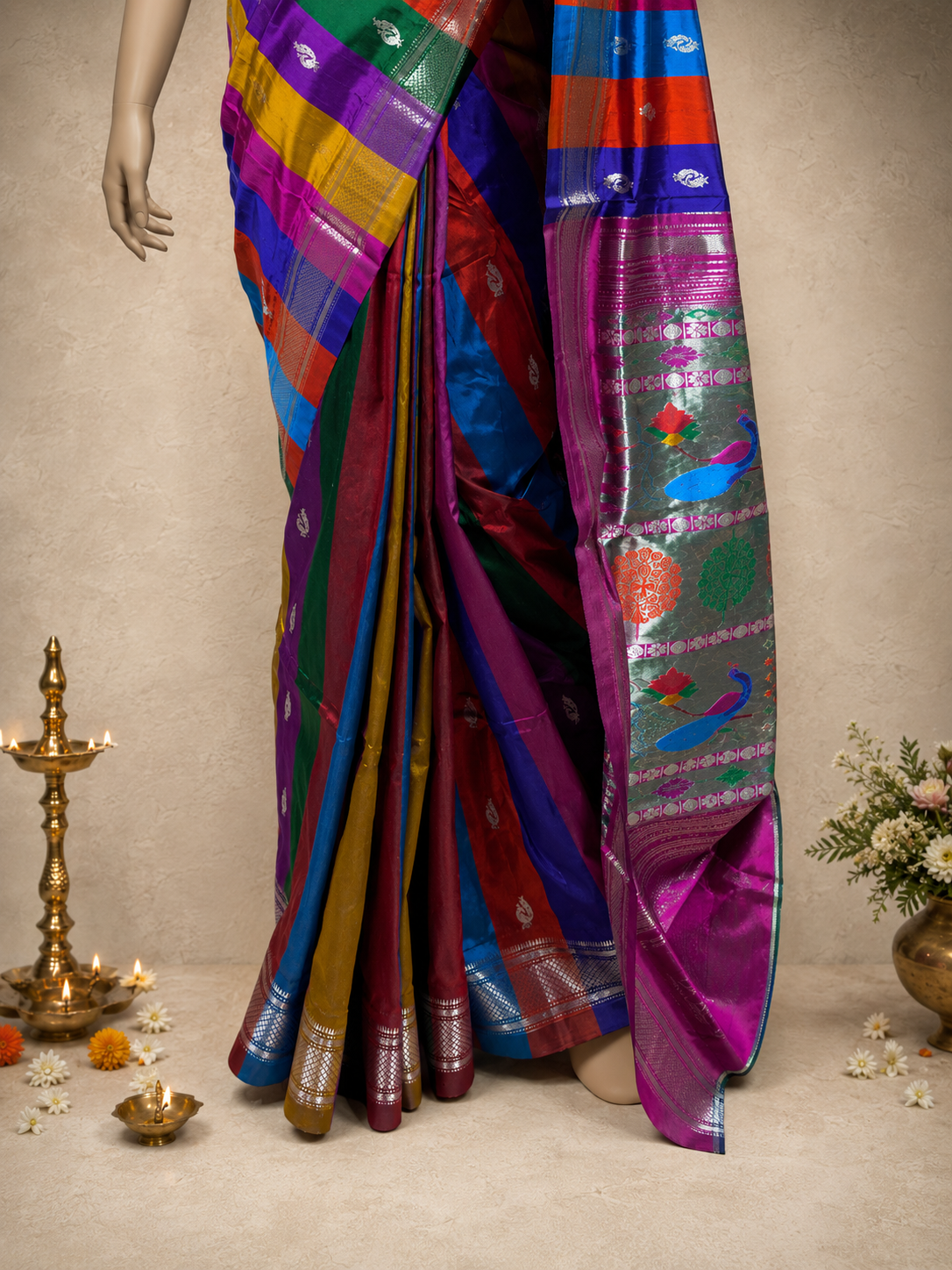 Traditional Border Paithani with Silver Zari Peacock Butta, Multicolour Lining and Fancy Pallu