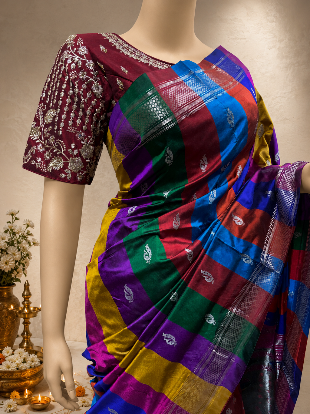 Traditional Border Paithani with Silver Zari Peacock Butta, Multicolour Lining and Fancy Pallu