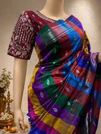 Traditional Border Paithani with Silver Zari Peacock Butta, Multicolour Lining and Fancy Pallu