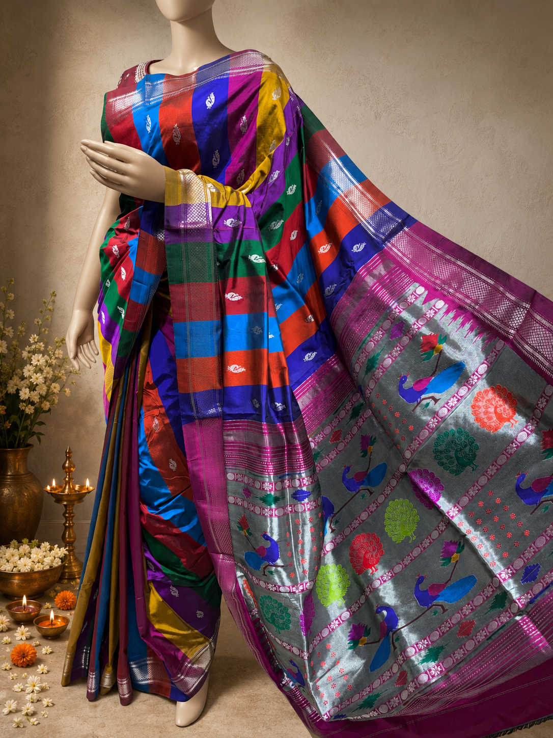 Traditional Border Paithani with Silver Zari Peacock Butta, Multicolour Lining and Fancy Pallu
