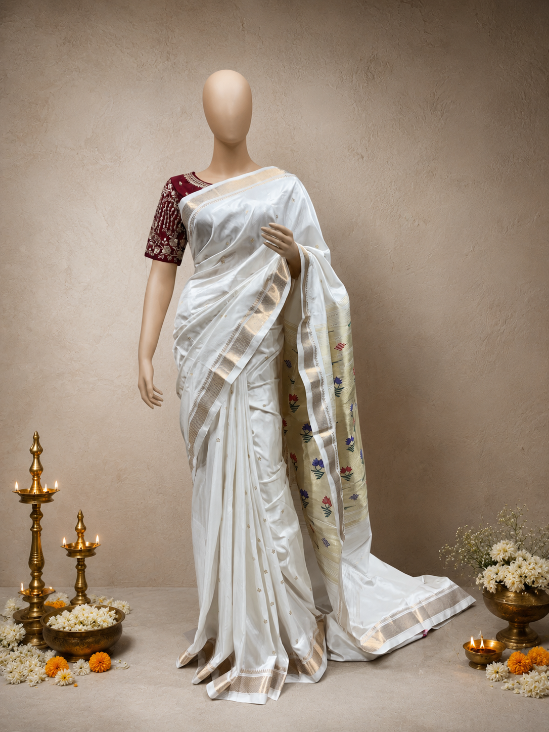 Traditional Paithani Border with Self Pallu and Non-Figurative Asawali Design