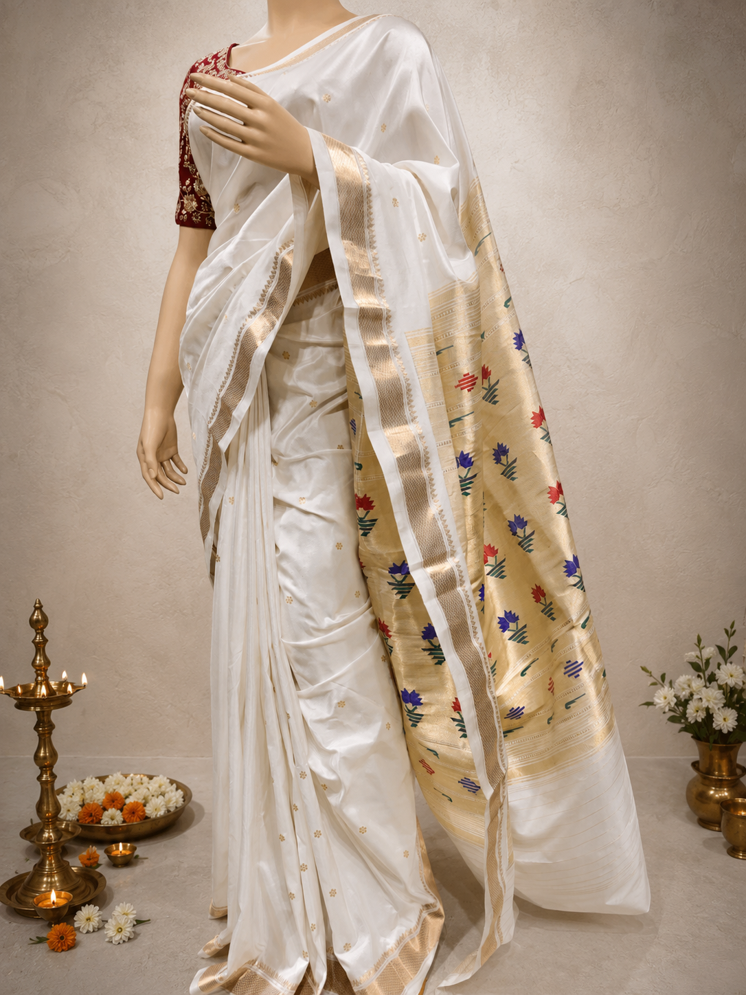 Traditional Paithani Border with Self Pallu and Non-Figurative Asawali Design
