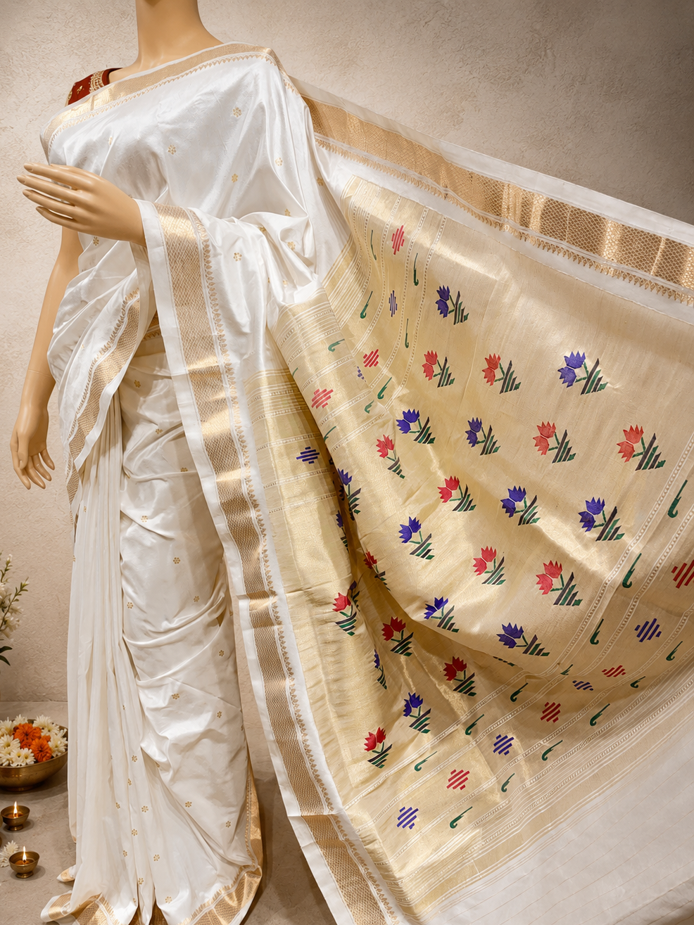 Traditional Paithani Border with Self Pallu and Non-Figurative Asawali Design