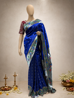 Silk Brocade Paithani with Silver Zari Peacock and Parrot Border and All-Over Butti