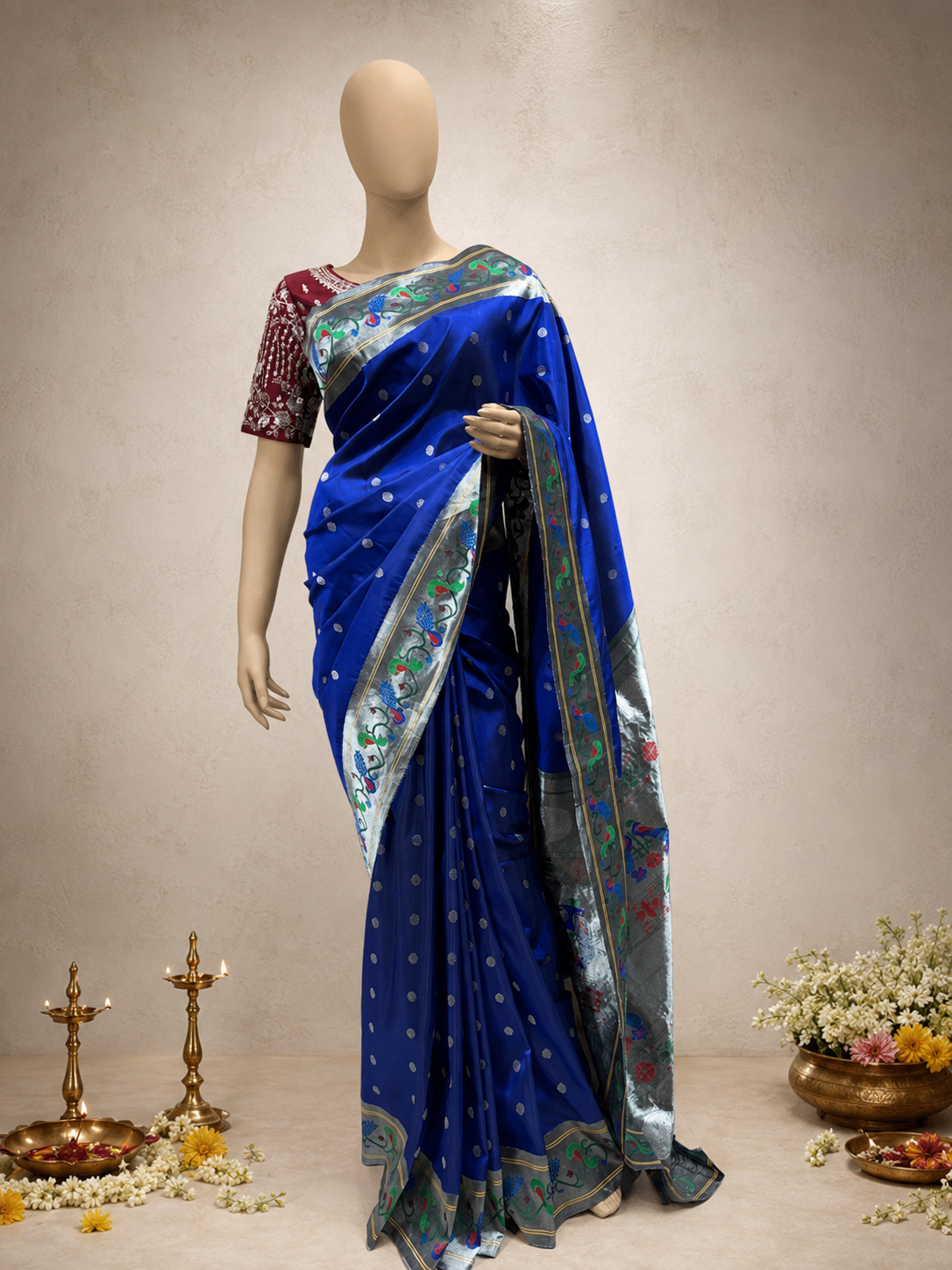 Silk Brocade Paithani with Silver Zari Peacock and Parrot Border and All-Over Butti