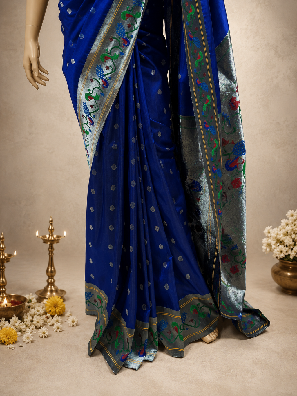 Silk Brocade Paithani with Silver Zari Peacock and Parrot Border and All-Over Butti