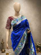 Silk Brocade Paithani with Silver Zari Peacock and Parrot Border and All-Over Butti
