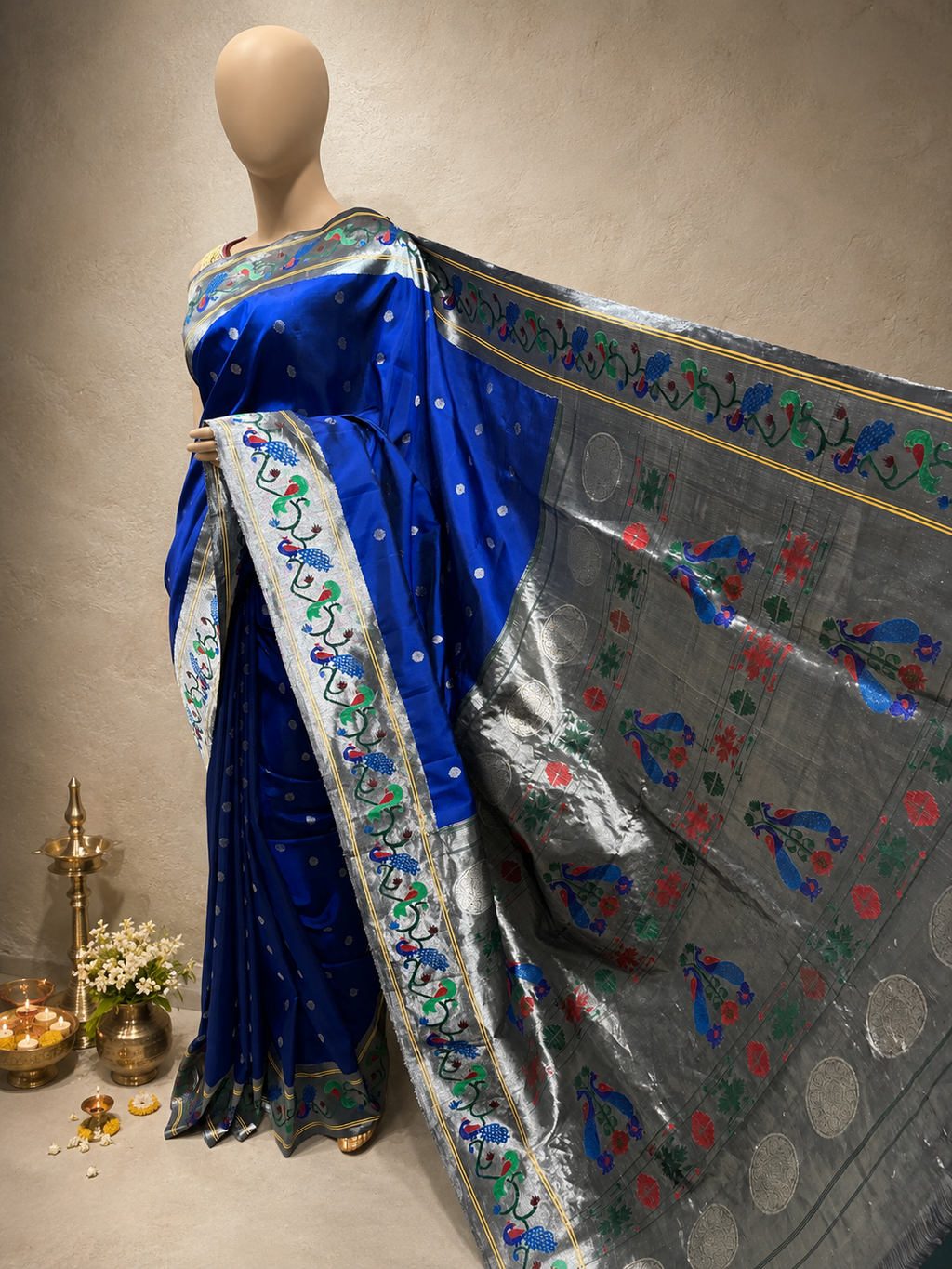 Silk Brocade Paithani with Silver Zari Peacock and Parrot Border and All-Over Butti