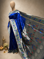 Silk Brocade Paithani with Silver Zari Peacock and Parrot Border and All-Over Butti
