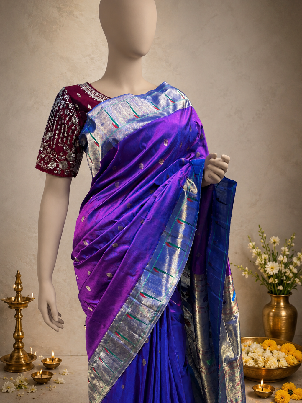 South Muniya Brocade Paithani in Pure Silk with All-Over Butti