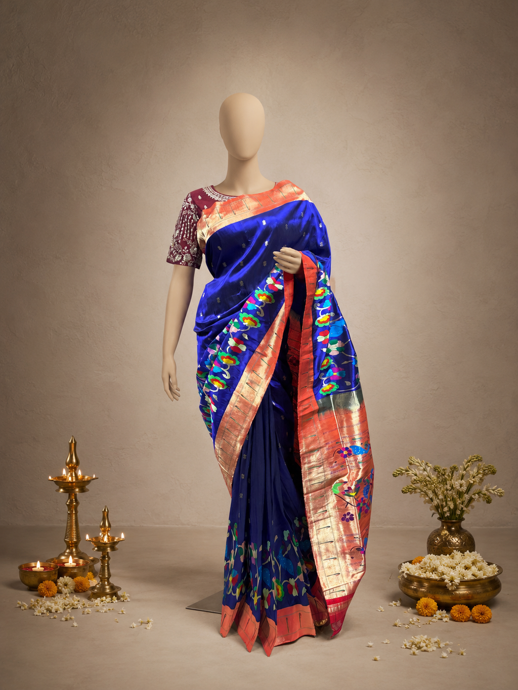 South Brocade Paithani with Muniya and Skirt Border and Fancy Pallu