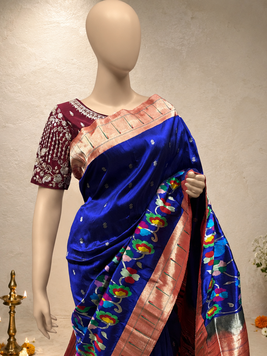 South Brocade Paithani with Muniya and Skirt Border and Fancy Pallu