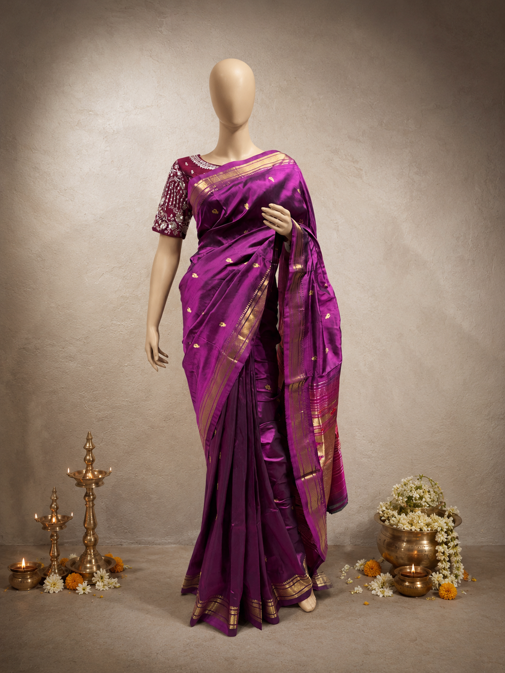 Traditional Paithani Border with Peacock Butta, Fancy Pallu and Self-Colour Combination