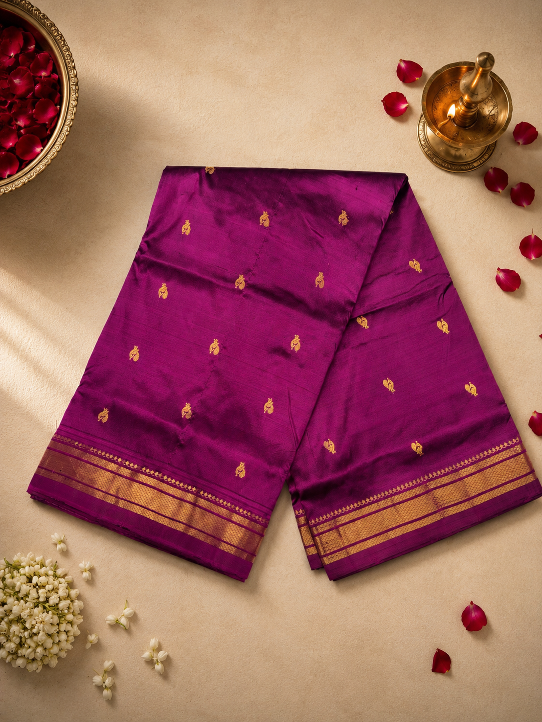 Traditional Paithani Border with Peacock Butta, Fancy Pallu and Self-Colour Combination