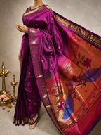 Traditional Paithani Border with Peacock Butta, Fancy Pallu and Self-Colour Combination