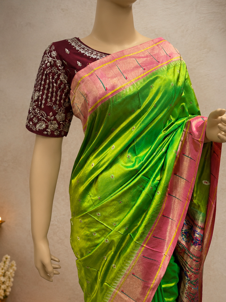South Muniya Border Brocade Paithani with All-Over Butta and Fancy Pallu